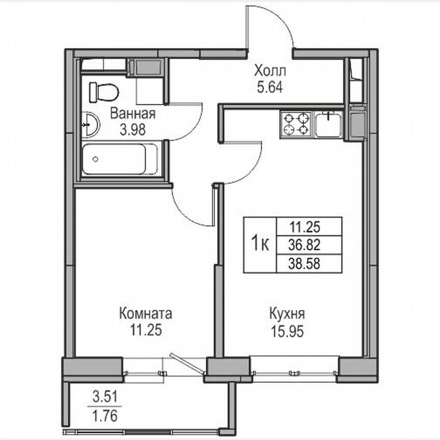 1-к. квартира, 38,6 м², 16/23 эт.