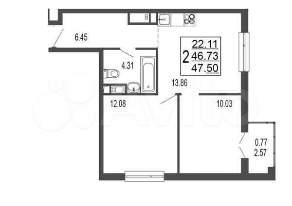 2-к. квартира, 46,7 м², 12/17 эт.