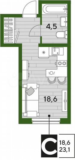 Квартира-студия, 23,1 м², 2/16 эт.