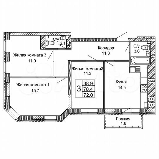 3-к. квартира, 72 м², 7/9 эт.