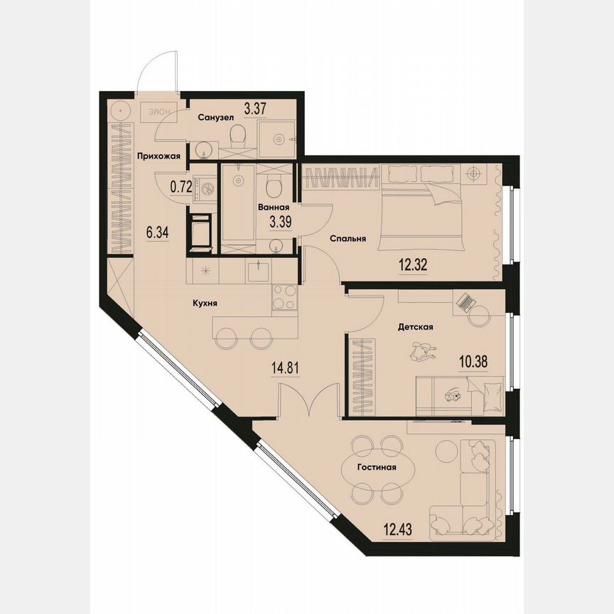 3-к. квартира, 63,8 м², 2/12 эт.