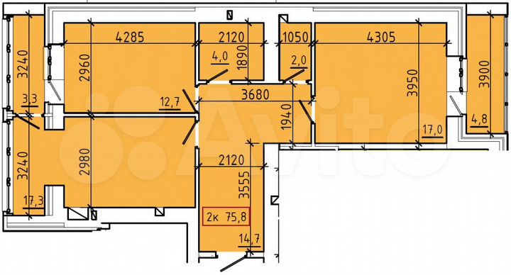 2-к. квартира, 75,8 м², 3/9 эт.