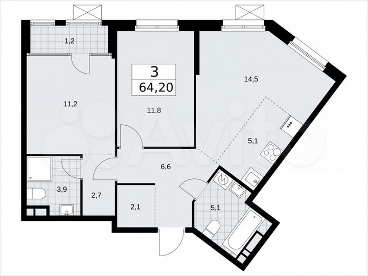 3-к. квартира, 64,2 м², 11/16 эт.
