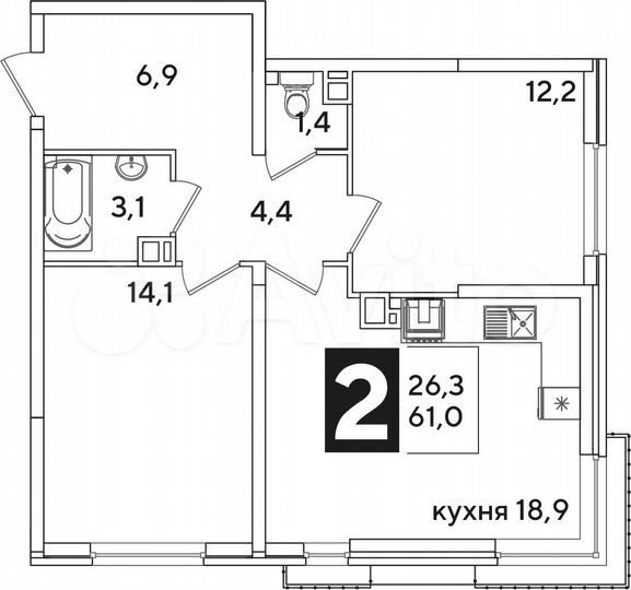 2-к. квартира, 61 м², 5/16 эт.