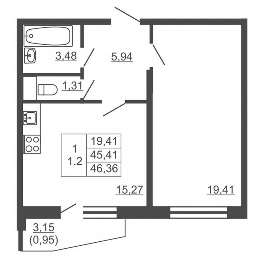 1-к. квартира, 46,4 м², 9/16 эт.