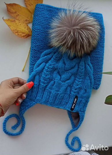 Вязанные детские комплекты шапка+снуд