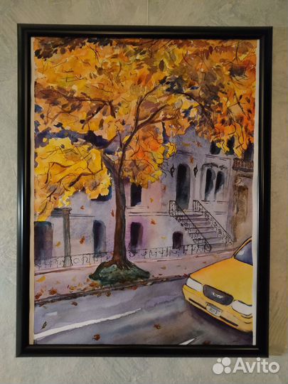 Картина, акварель, осень, город