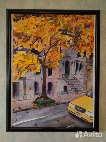 Картина, акварель, осень, город