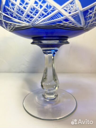 Ваза на ножке, фруктовница, синее стекло, хрусталь