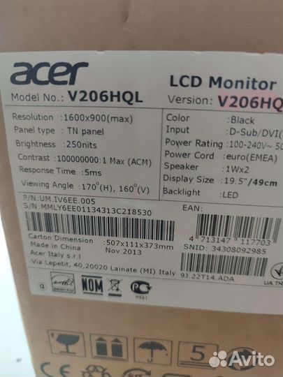 Монитор Acer V206HQL новый