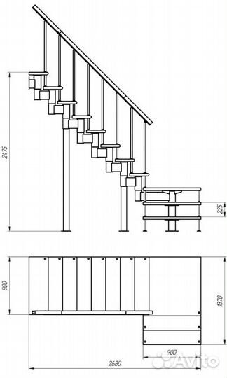 Модульная лестница c поворотом на 90 и площадкой