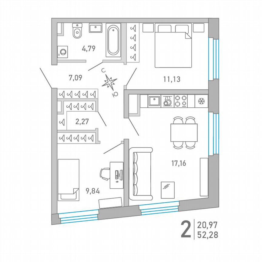 2-к. квартира, 52,3 м², 2/10 эт.