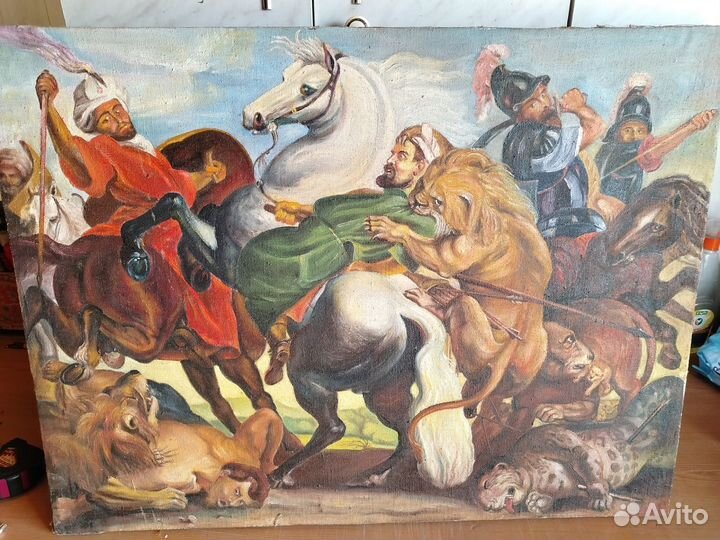Картина 50х годов, х/м, охота на львов