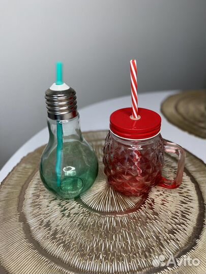 Стаканы для напитков стеклянные с трубочкой