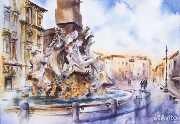 Картина акварелью городской Фонтан в Риме 38х56 см