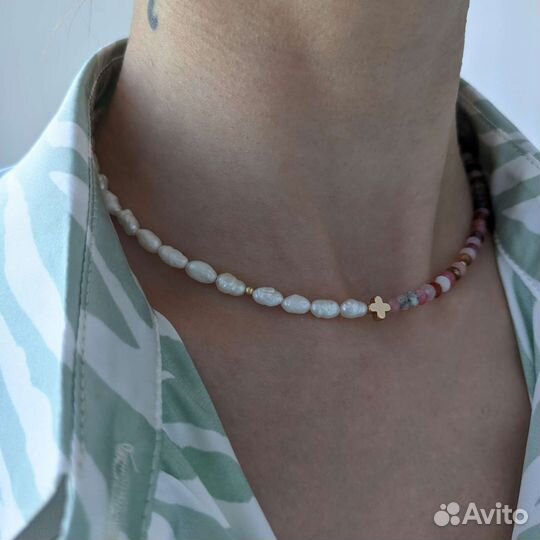 Колье чокер из натуральных камней. Жемчуг и агат