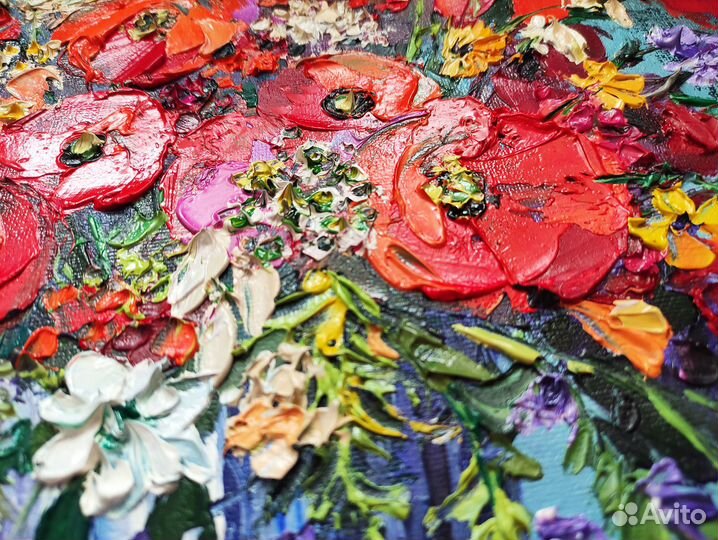 Картина маслом на холсте цветы маки букет цветов