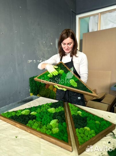 Композиция из треугольных панно мох в раме