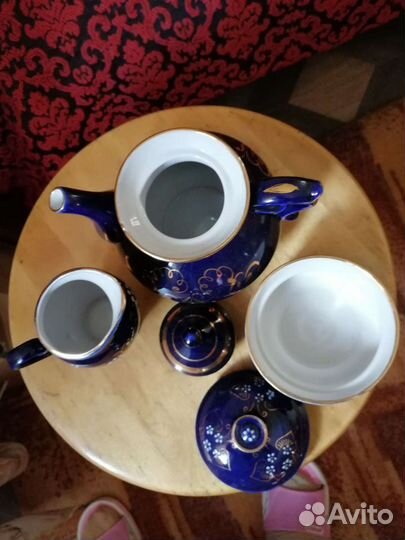 Гжель набор, чайник, сахарница, молочник