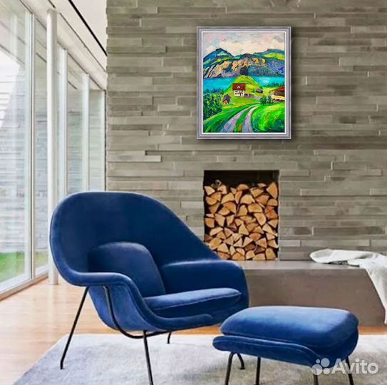 Картина Горы Алтай Дом река Горный Пейзаж