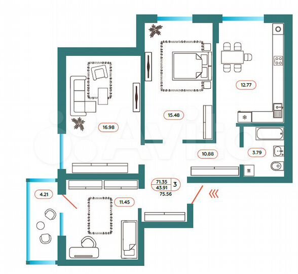 3-к. квартира, 75,6 м², 3/6 эт.