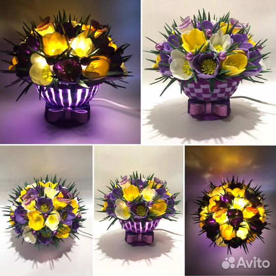 Цветы с подсветкой в корзине и в коробках(крокусы)