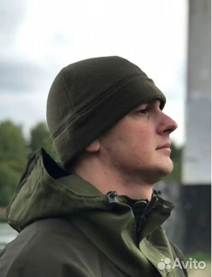 Шапка флисовая зеленая военная теплая однослойная
