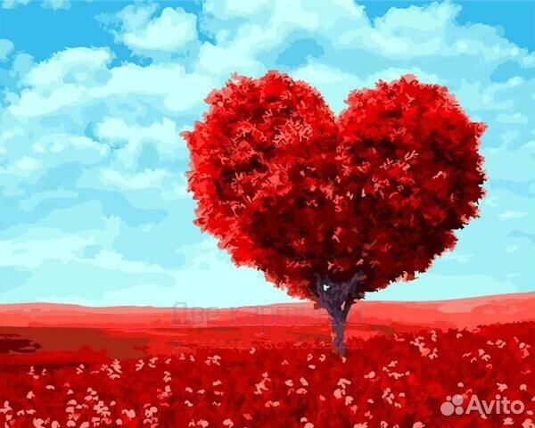 Алмазная мозаика 40x50 Дерево красным сердечком на