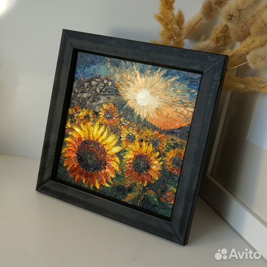 Картина маслом. Подсолнухи 15х15 см. В наличии