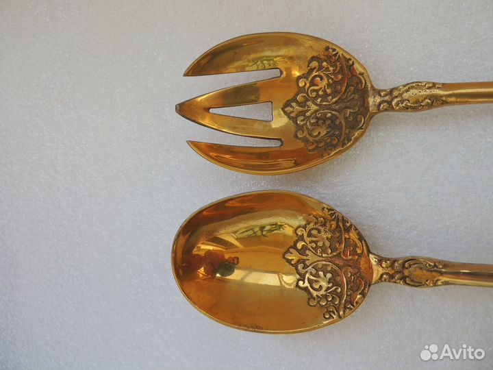 Вилка ложка для салата латунь бронза