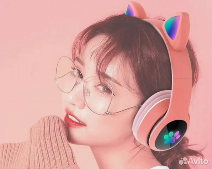 Беспроводные наушники светящиеся с ушками кошки