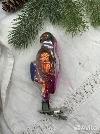 Елочная игрушка попугай с ватой СССР (1. Сзр)