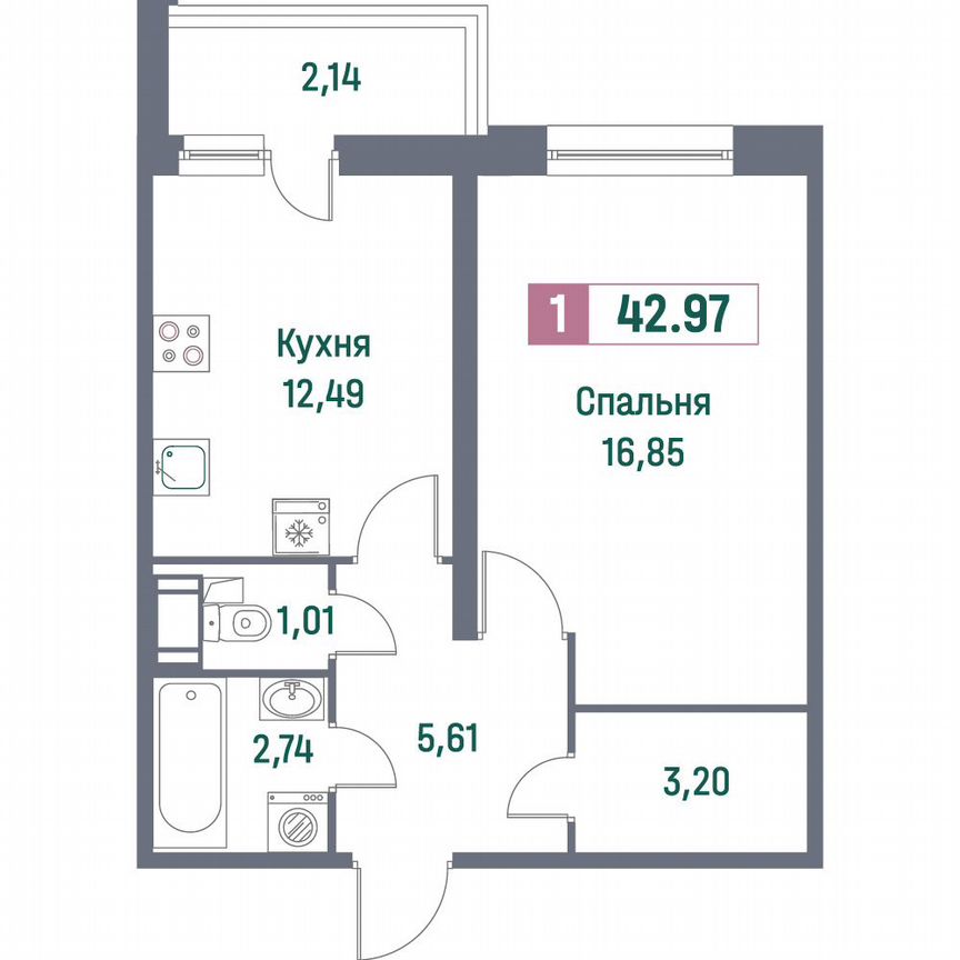 1-к. квартира, 43 м², 12/16 эт.