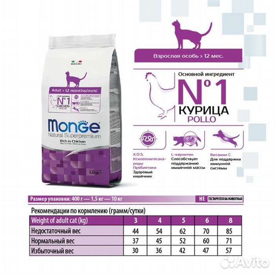 Корм для кошек Монж 10 кг. Италия