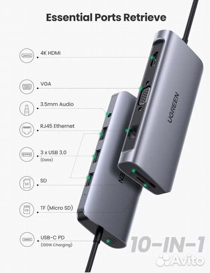 Ugreen 10 в 1. Новый USB hub type c
