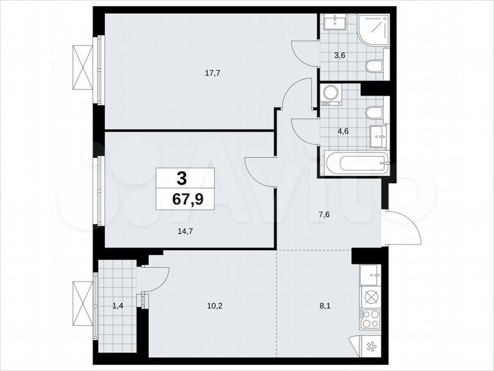 3-к. квартира, 67,9 м², 4/19 эт.