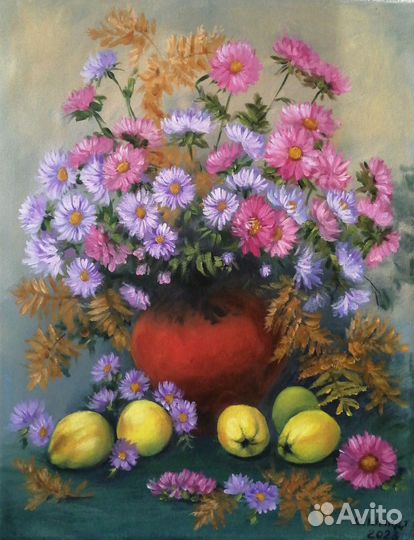Цветы сентябринки и желтые груши. Масло/холст50х40
