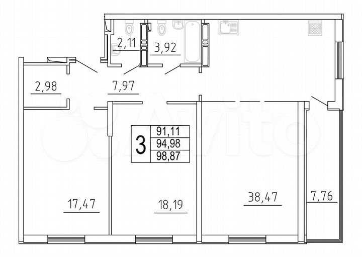 3-к. квартира, 98 м², 3/27 эт.