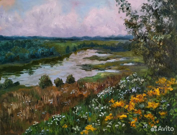 Картина маслом Летний пейзаж Цветущий Луг 40 на 30