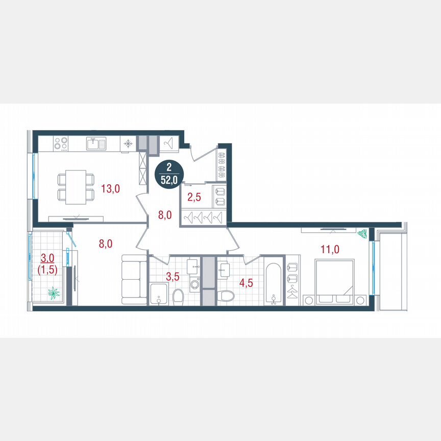 2-к. квартира, 52 м², 12/26 эт.