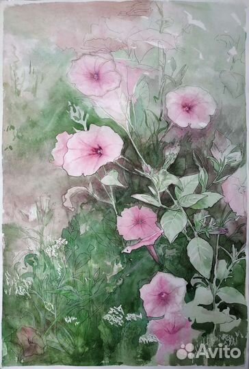 Акварель большая картина розовая цветы 40 на 60