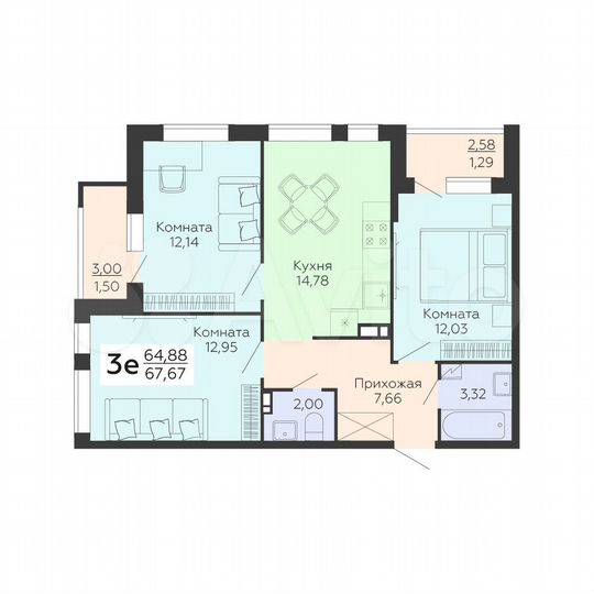 3-к. квартира, 67,7 м², 4/18 эт.