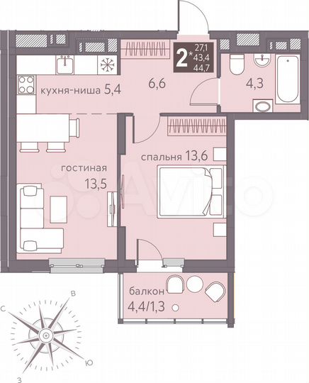 2-к. квартира, 44,7 м², 12/16 эт.
