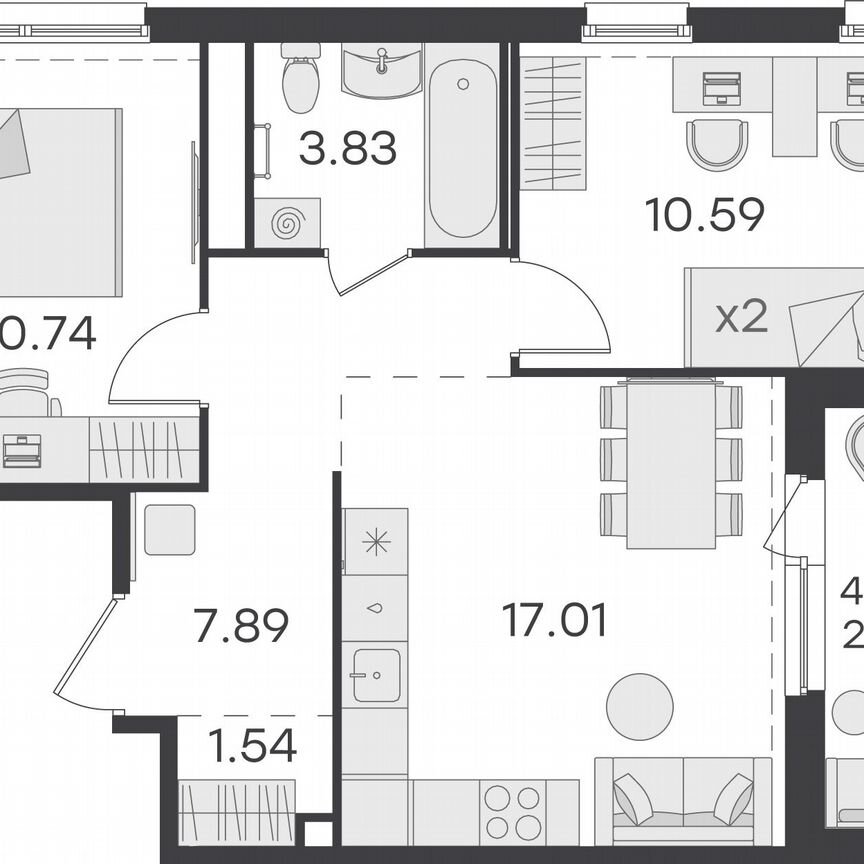 2-к. квартира, 53,8 м², 14/15 эт.