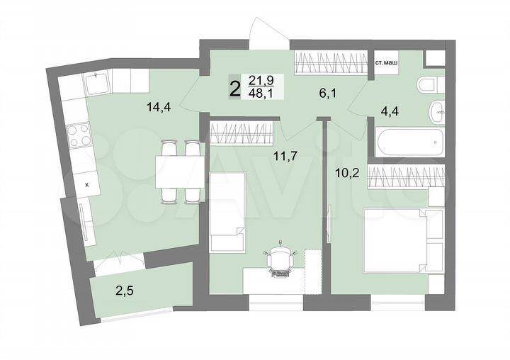 2-к. квартира, 47,8 м², 14/22 эт.