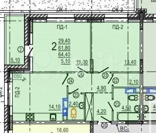 2-к. квартира, 61,8 м², 5/18 эт.