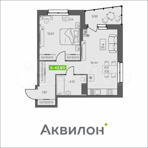 1-к. квартира, 43,9 м², 6/8 эт.