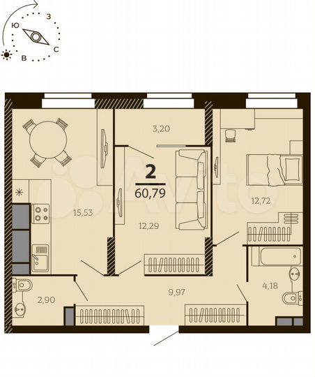 2-к. квартира, 60,8 м², 7/7 эт.
