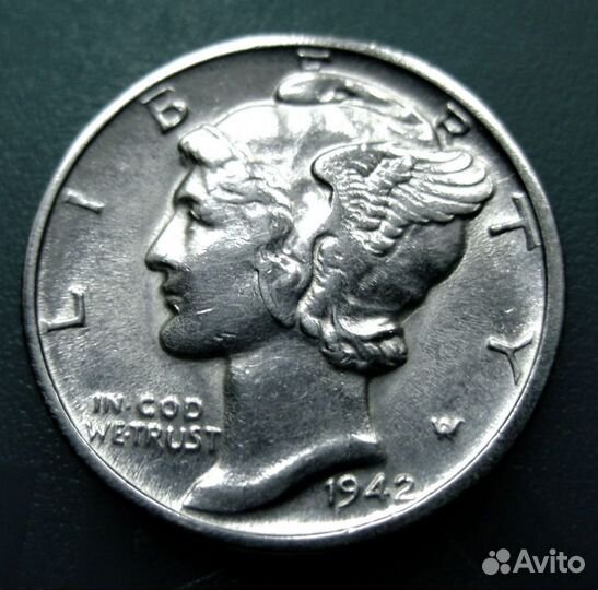 Редкий, серебряный дайм США 1942 года