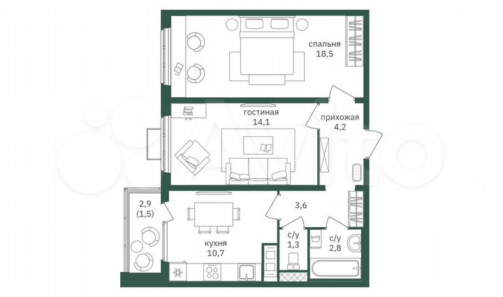 2-к. квартира, 56,6 м², 20/26 эт.